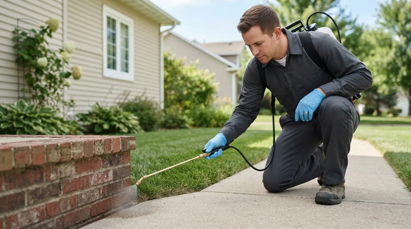 Pest control technician treating a home near Thayer, IA