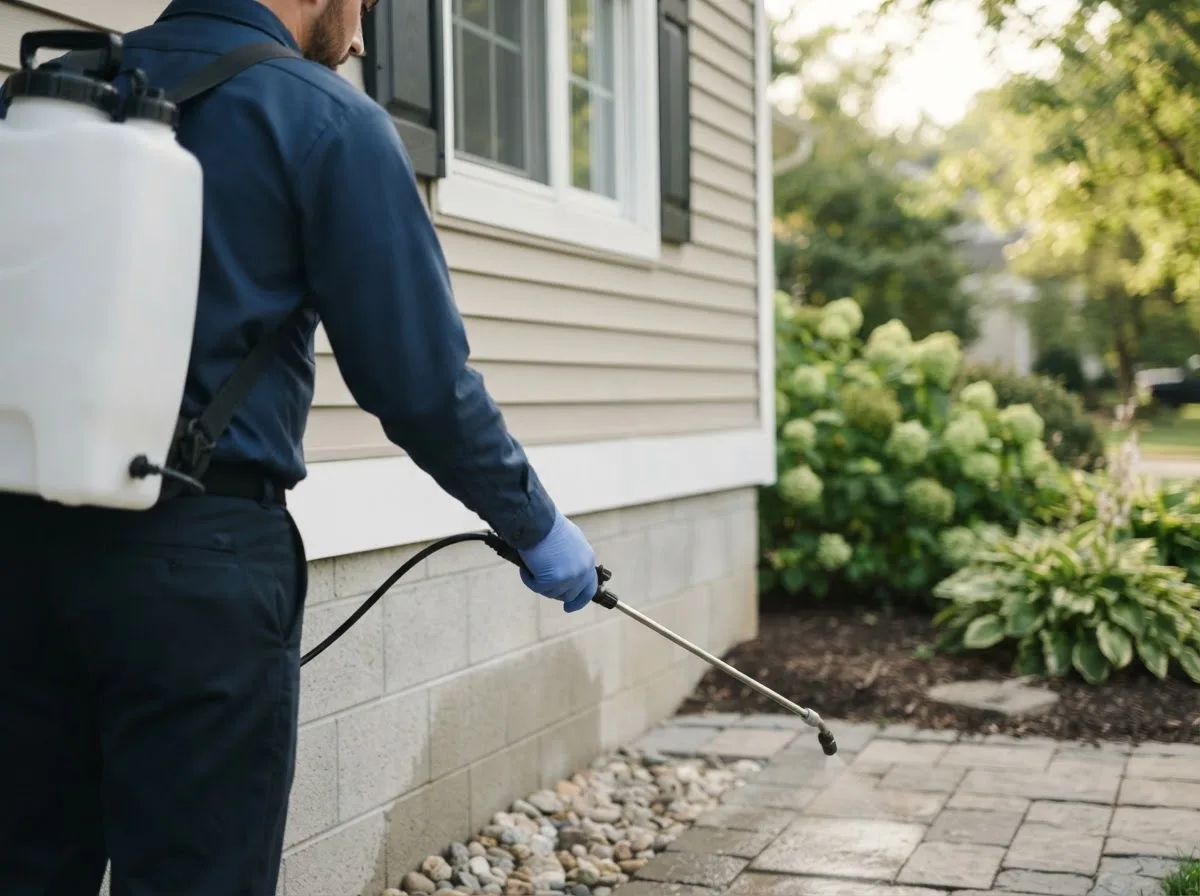 Pest control technician inspecting a home in Thayer, IA